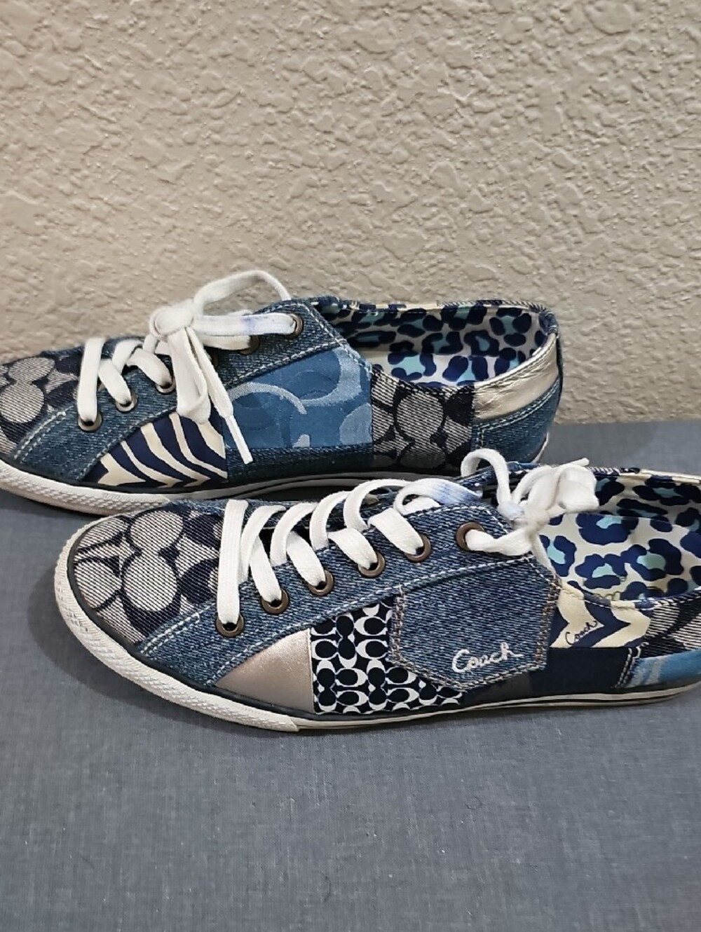Coach Patchwork Blue Mixed-Print Lace-Up Sneakers Size 9 - Picture 9 of 12